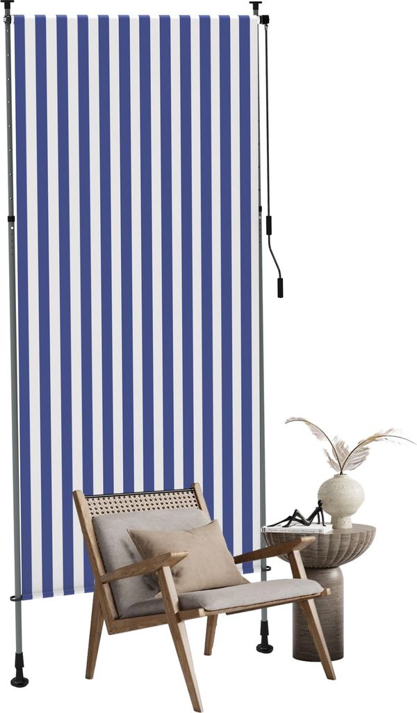 UISEBRT Klemmmarkise 120 × 310 cm Vertikalmarkise Sonnenschutz Balkon Terrasse Sichtschutz Markise ohne Bohren Teleskopmarkise Blau-Weiß gestreift