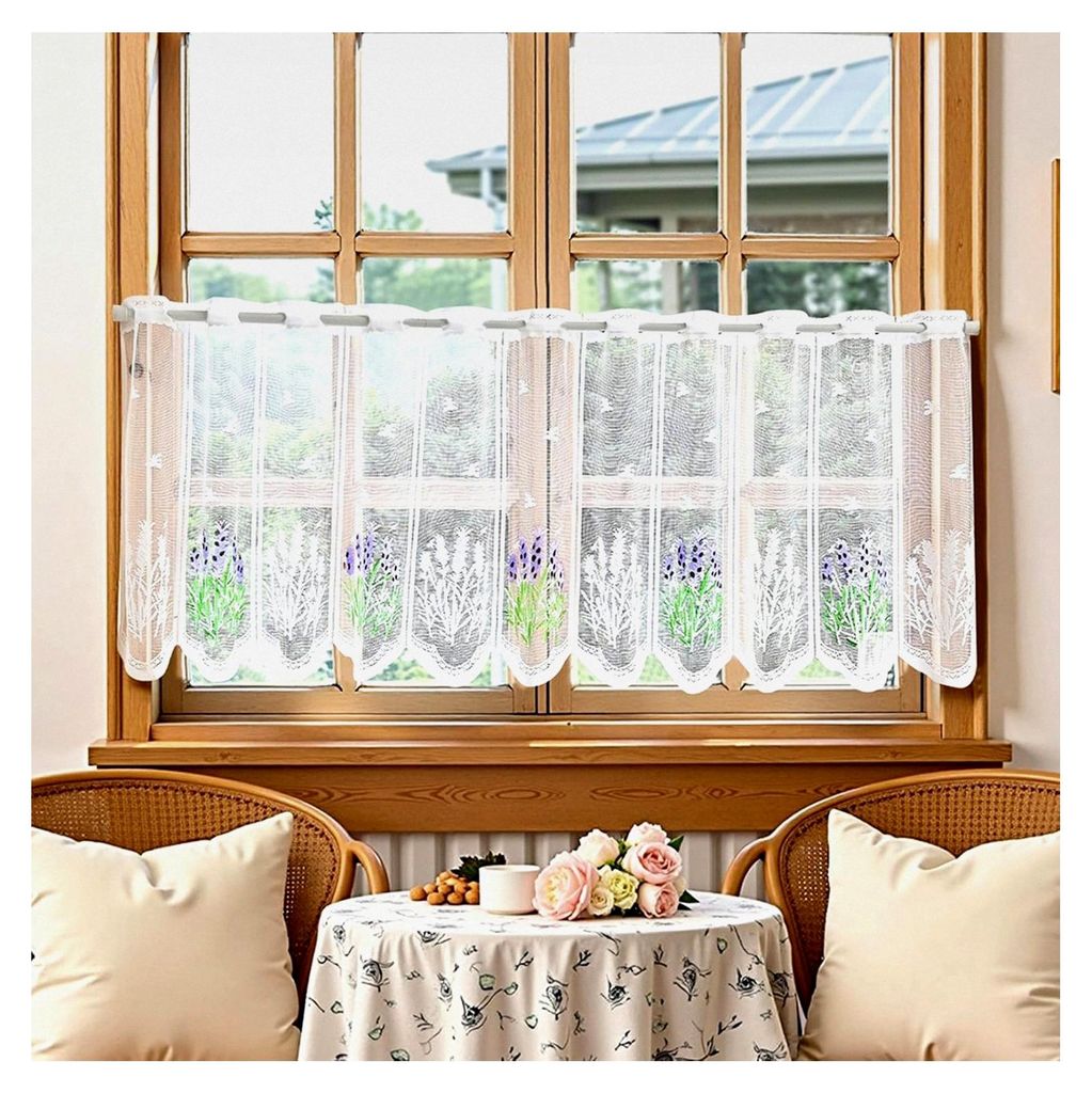 Moderne Scheibengardine mit Lochleiste für die Küche, Bistrogardine mit Blumen, transparente Fenstergardine in Weiß, BxH 153x48cm, 1 Stück