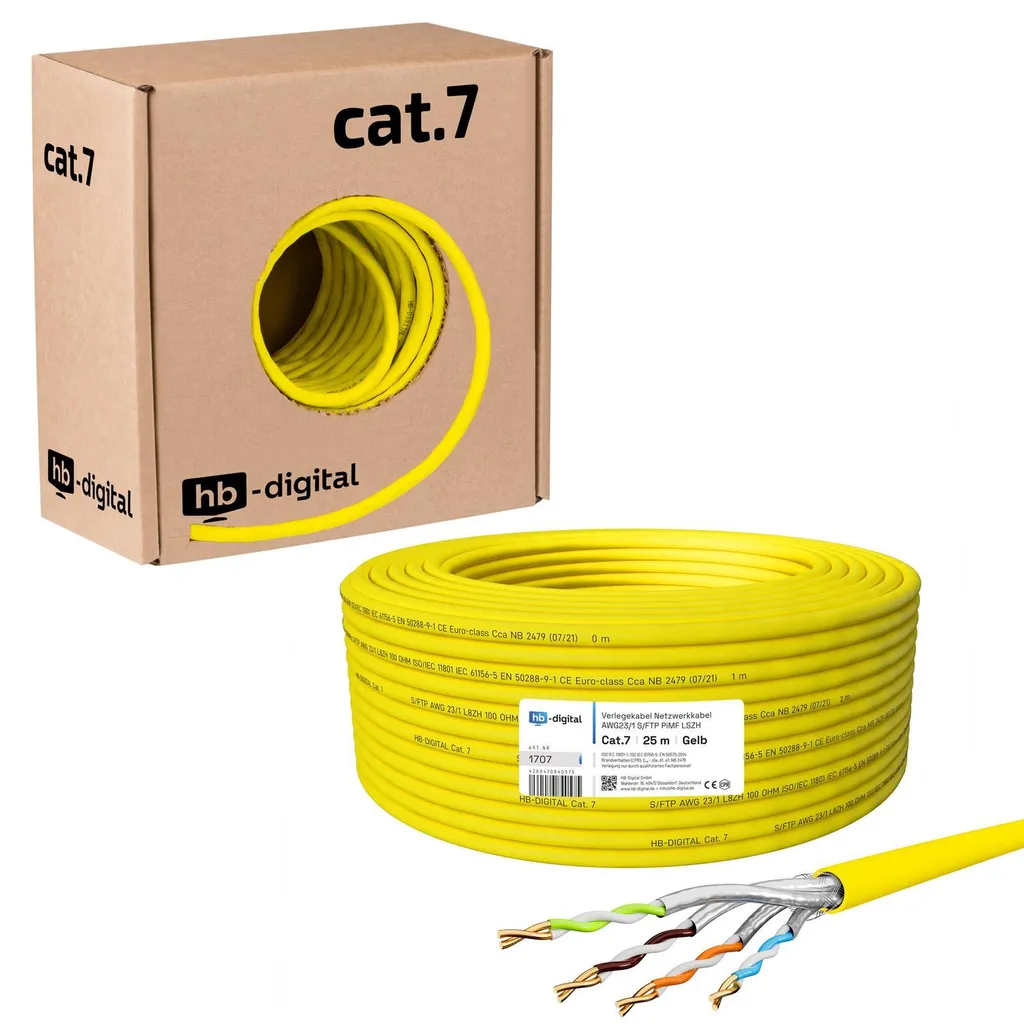 Cavo Ethernet CAT7 25m Giallo AWG23 | 10Gbps per Gaming e Server