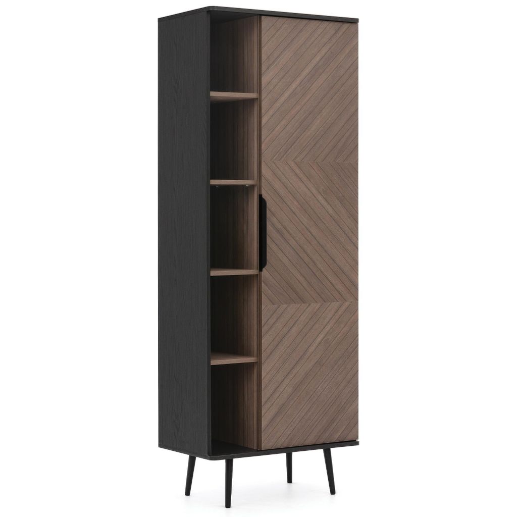 BEAUTYSOFA | Bücherregal PARINI Standregal mit Tür und 8 Einlegeboden, Moderne Regale in Braun und Schwarz Fischgrätenmuster