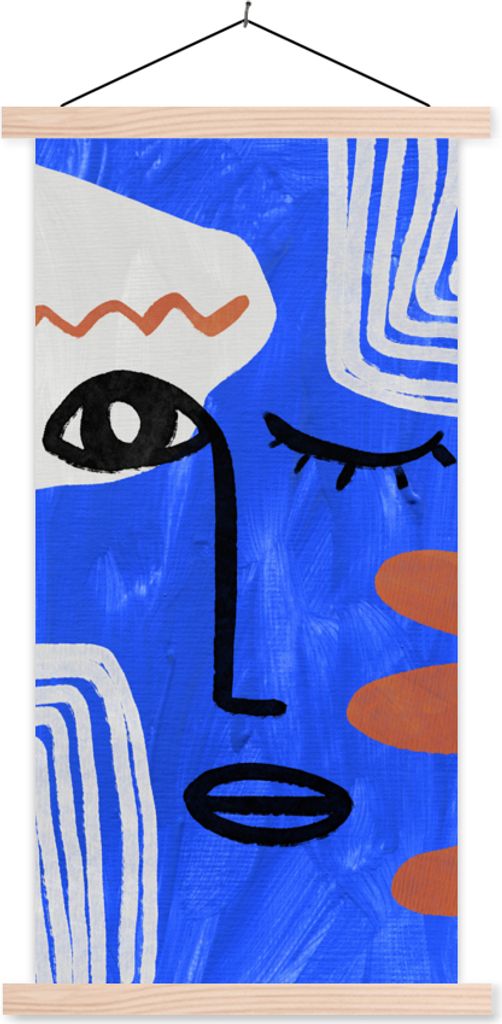 MuchoWow Textilposter Gesicht - Blau - Abstrakt 60x120 cm mit holzfarbenen Rahmen - Holz