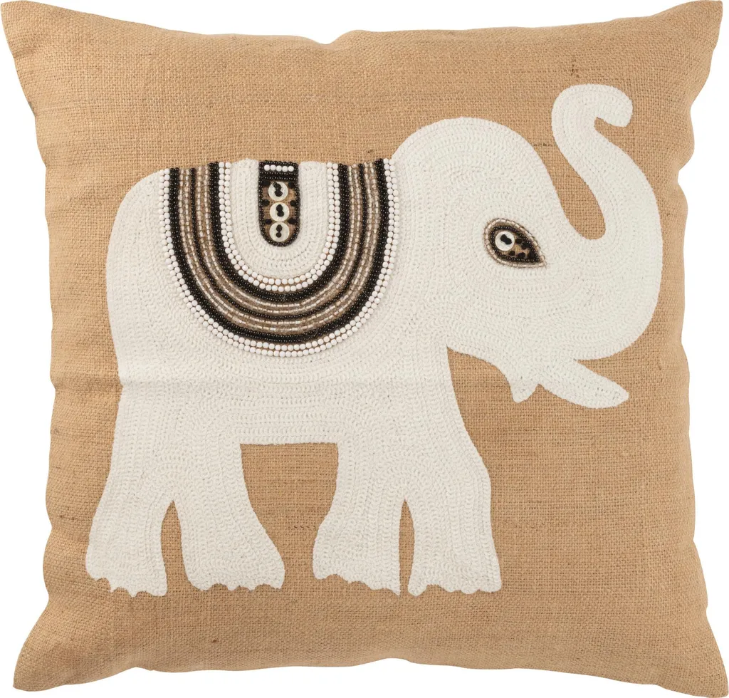 Coussin Eléphant J-Line Textile Naturel et Blanc - Grand Format 60x60cm