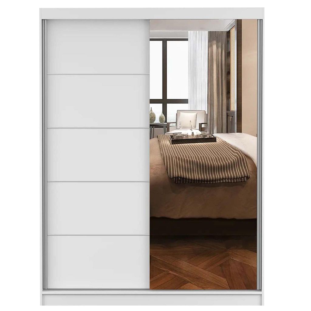 Schwebetürenschrank Kleiderschrank 150 cm Weiß/Weiß mit Produktbild 