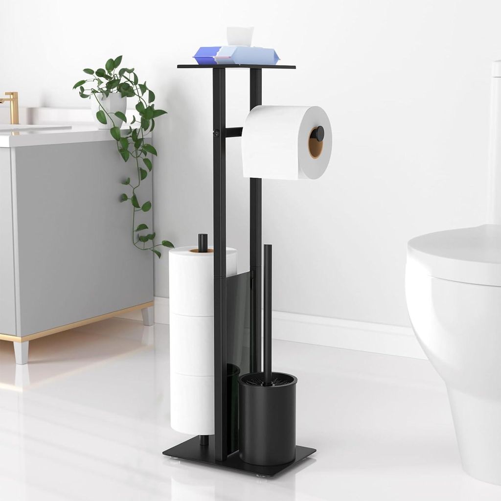 Toilettenpapierhalter, Klopapierhalter, 4-in-1 WC-Rollenhalter, stehender Ersatzrollenhalt, mit Tablett, WC Bürste, Klorollenhalter
