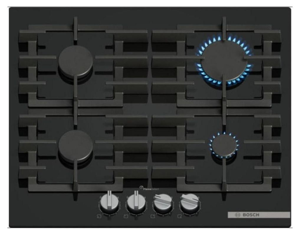 A top-down view of a black gas stovetop with four burners, two of which are lit with blue flames.