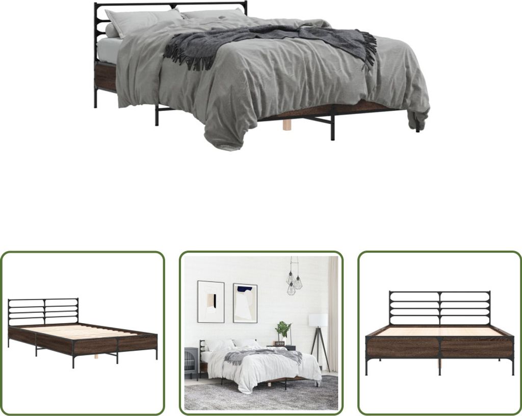 The Living Store Bettgestell Braun Eichen-Optik 140x200 cm Holzwerkstoff Metall