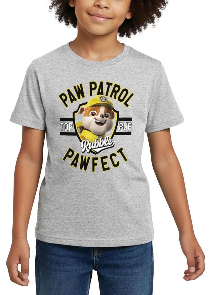 Spreadshirt Paw Patrol Rubble Pawfect Kinder T-Shirt, 98/104 (3-4 Jahre), Grau meliert