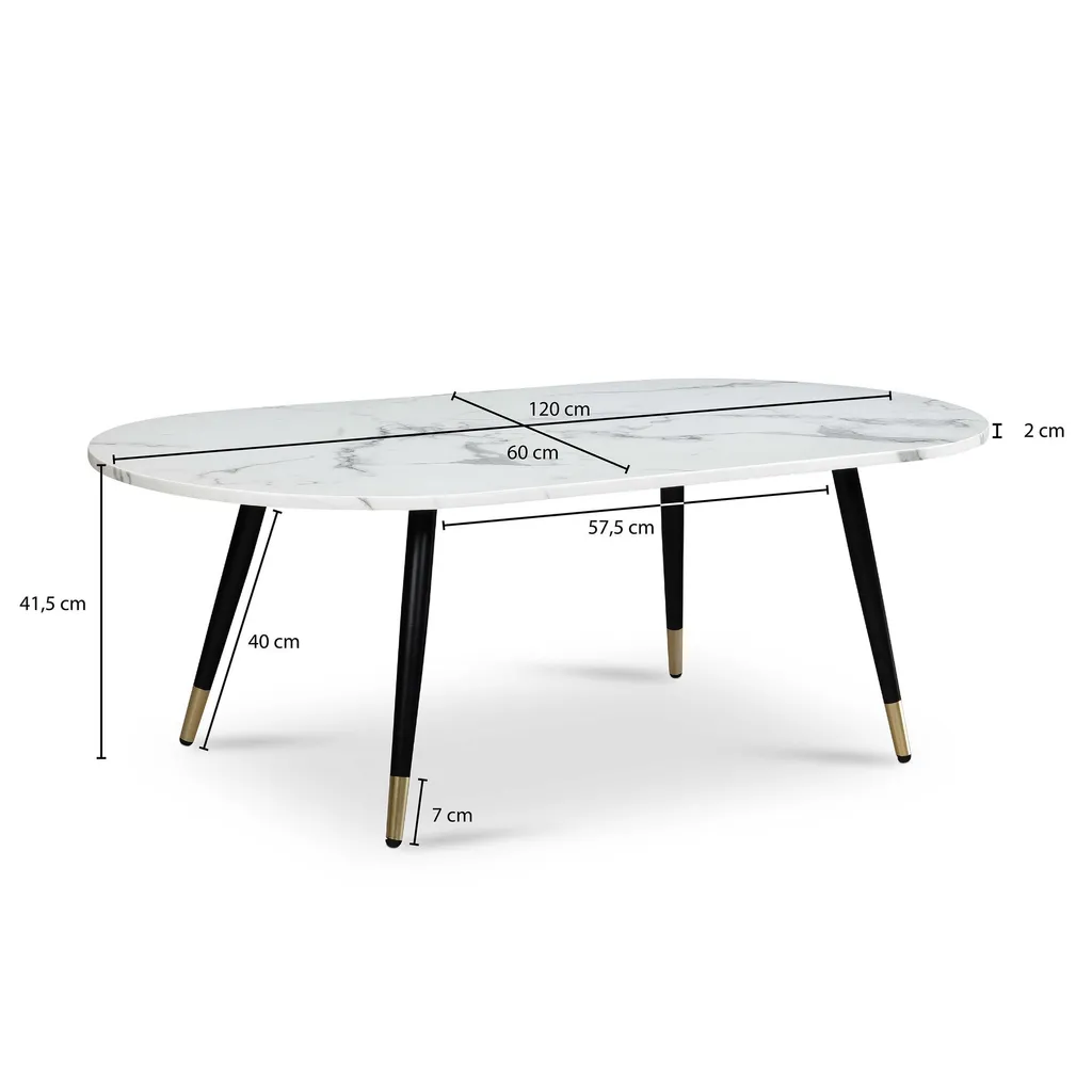 WOHNLING Tavolino 120x60x41,5 cm con aspetto marmo Bianco Tavolo da soggiorno moderno con struttura in metallo Tavolino da divano Tavolo ovale Tavolino grande Soggiorno - 3