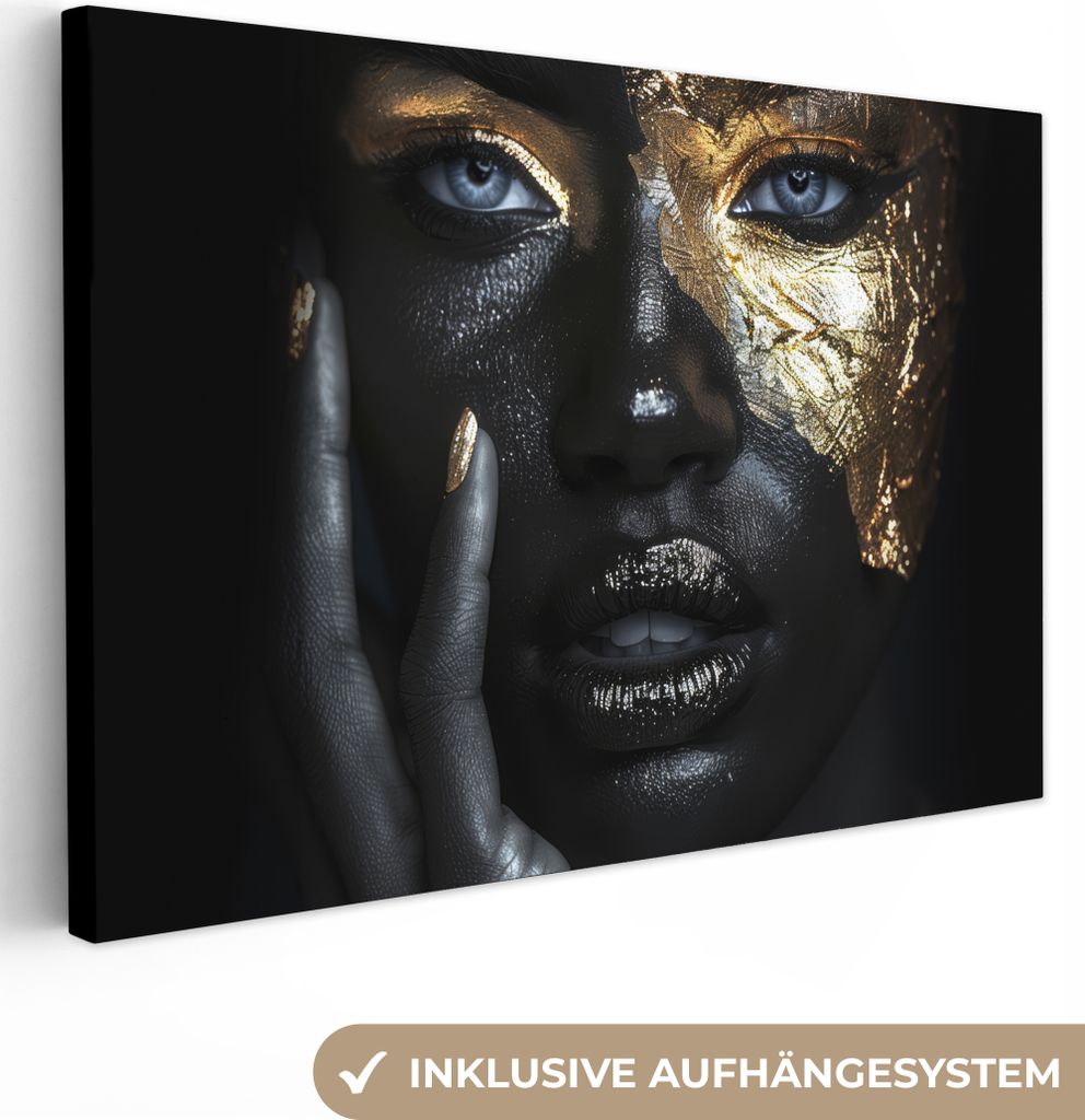 MuchoWow - Leinwandbilder - Frau - Gold - Porträt - Modern - Schwarz - Abstrakt, Wandbild, Wanddeko Bilder Wohnzimmer, 60x40 cm