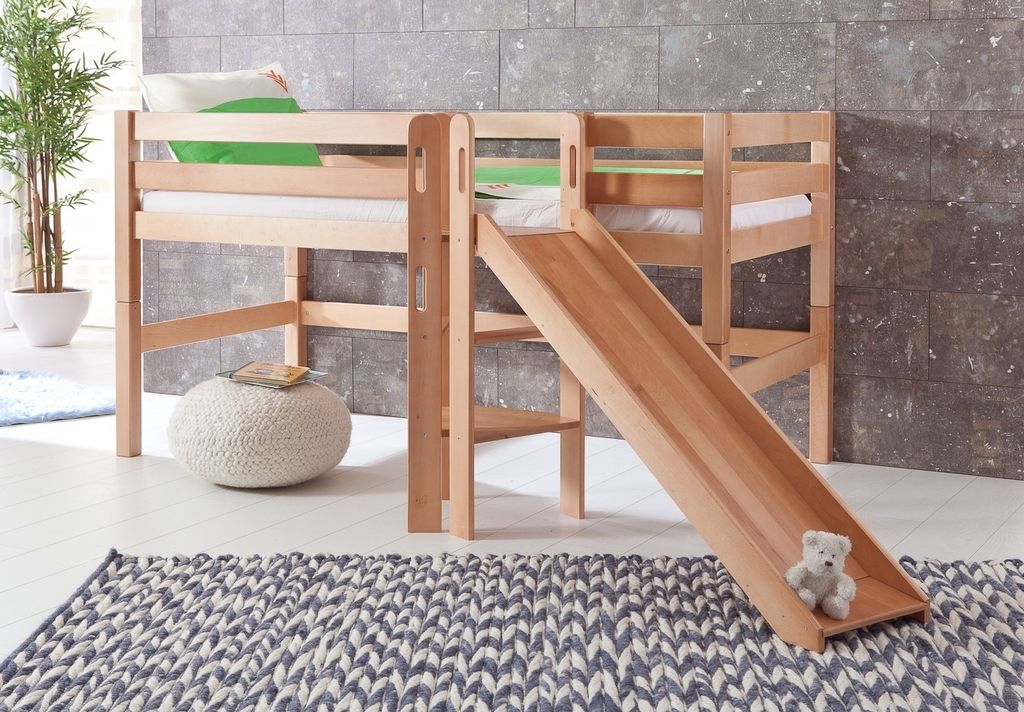 Halbhohes Spielbett Elyas Buche Natur 90x200 cm mit Rutsche