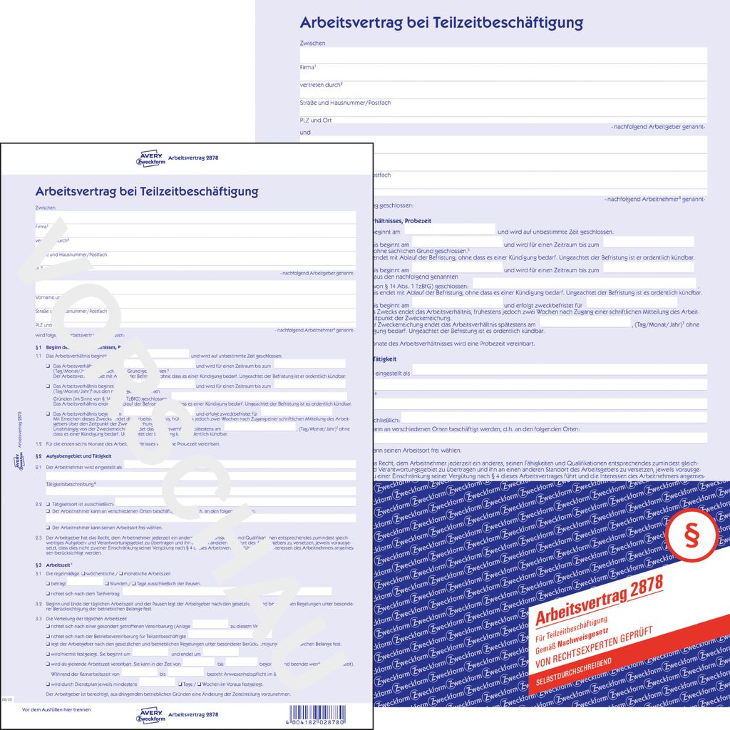 Avery Zweckform 2878, Arbeitsvertrag, für Teilzeitbeschäftigte, A4, 4-seitig mit Durchschlag, selbstdurchschreibend