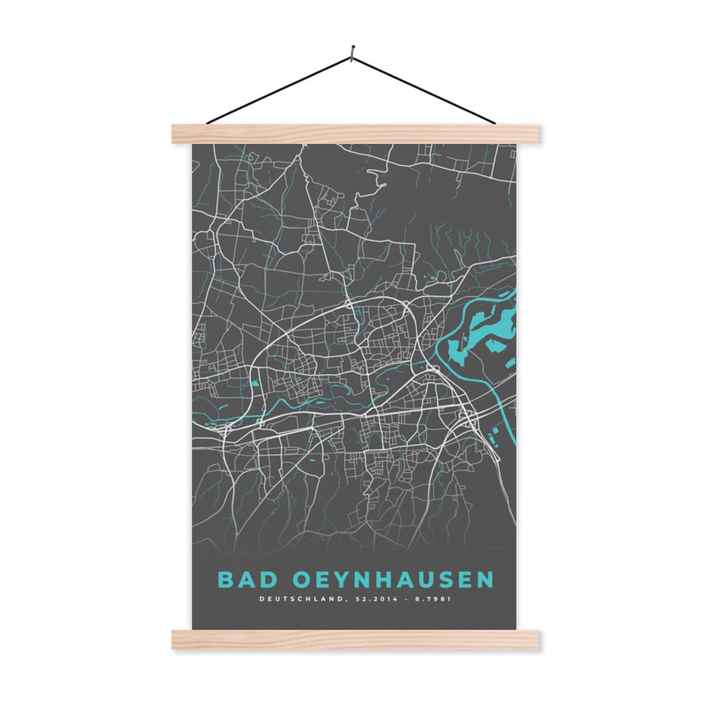 MuchoWow Textilposter Deutschland - Blau - Bad Oeynhausen - Stadtplan - Karte 60x90 cm mit holzfarbenen Rahmen - Textil