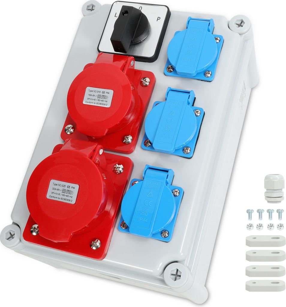 Peviasot Baustromverteiler Wandverteiler Stromverteiler mit L-0-P Nockenschalter und MCB,5 Polig mit 3xSchuko-Steckdose und CEE-Steckdose 16/32A