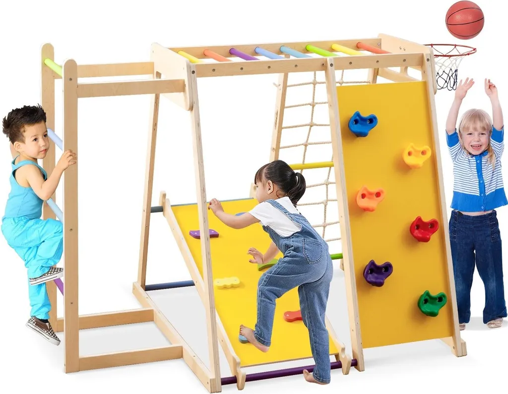 Aire de jeux intérieure tropicale avec toboggan et panier de basket-ball