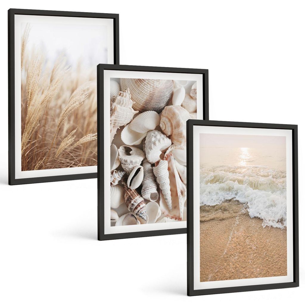 Bilder Set 3-teilig im schwarzen Rahmen – Wandbilder 3 Stück – gerahmte Poster für Wohnzimmer, Schlafzimmer und Flur – 40x60 cm – Strandm...