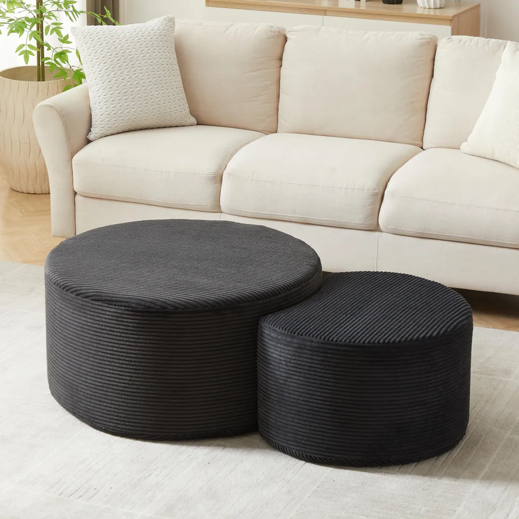 Table Basse Ronde et Ottoman en Mousse Noire - Duo de Salon Flexible