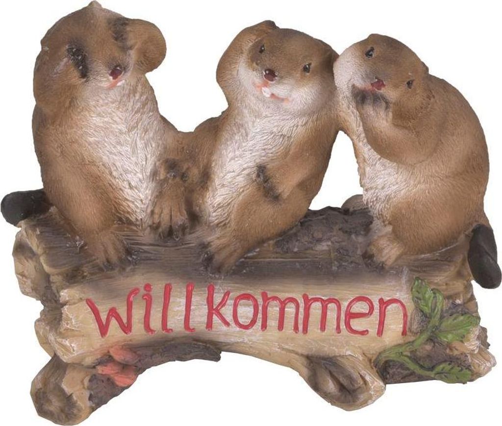 Harms Import 301930 Gartenfigur 'Biber auf Stamm' für Außen- und Innendekoration, wetterfest, mit Willkommensschriftzug