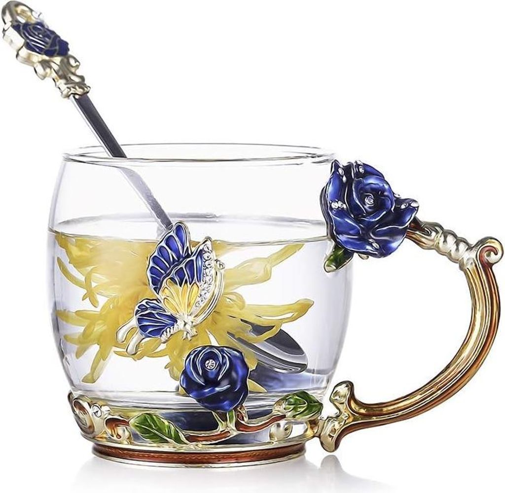 Emaille Schmetterling Blumen Kaffee- und Teetassen-Set mit Stahllöffel - Personalisierbares Geschenk für Frauen