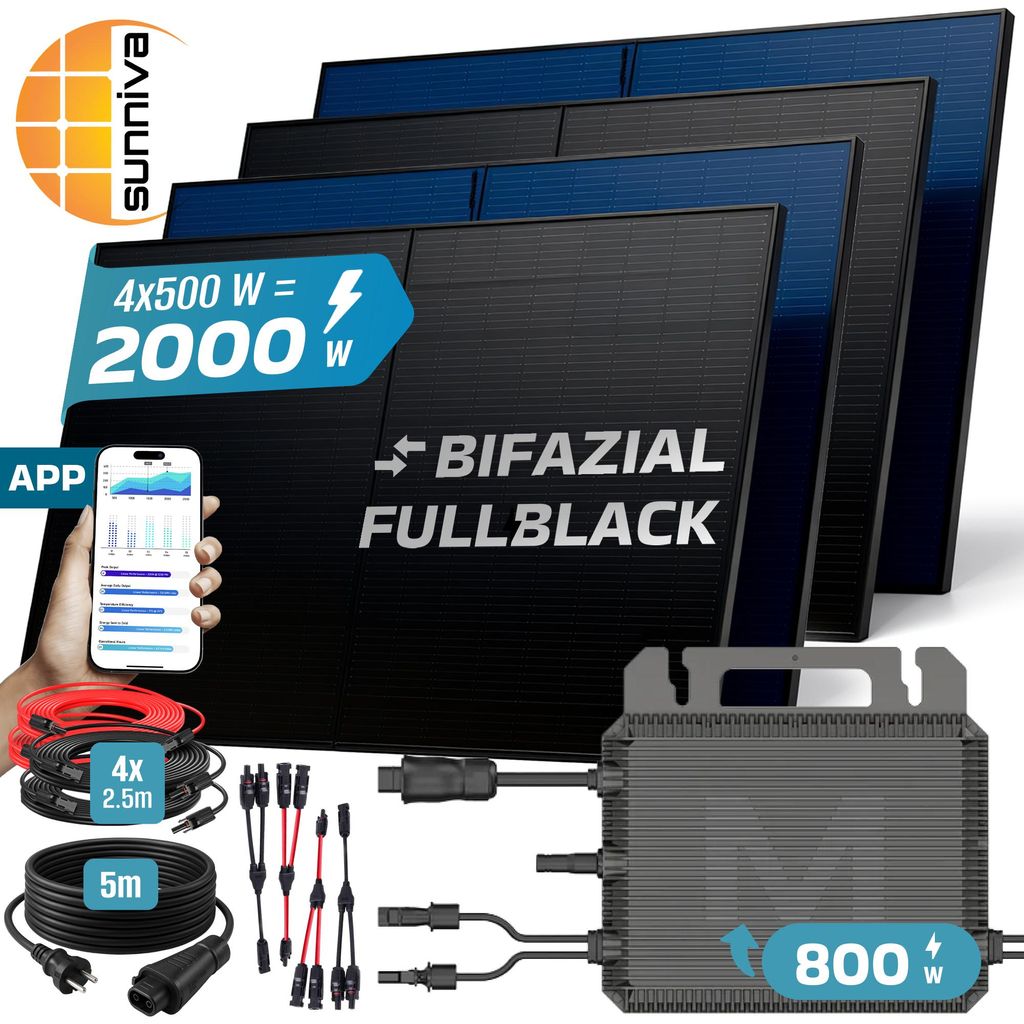 SUNNIVA® 2000W Balkonkraftwerk BIFAZIAL FULLBLACK komplett Produktbild 