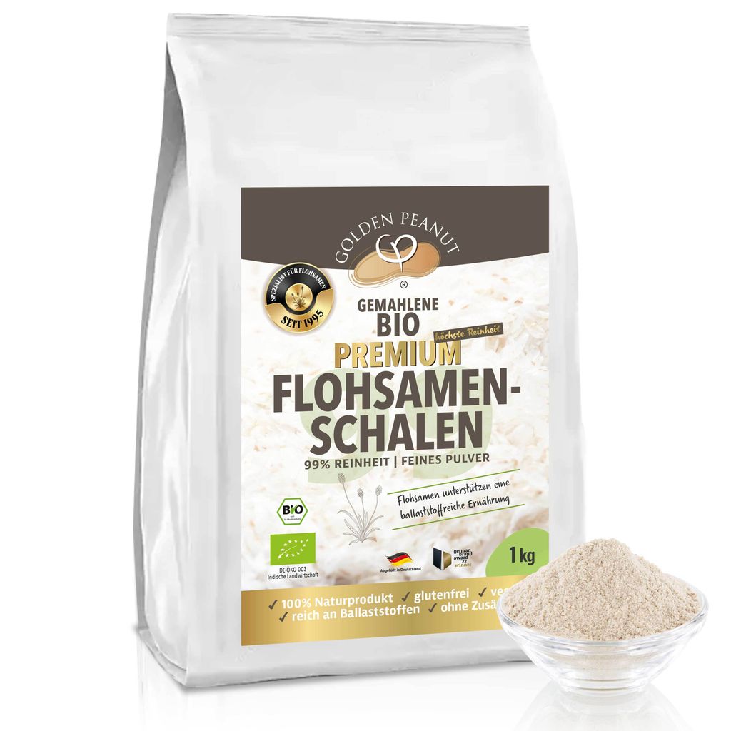 GOLDEN PEANUT Flohsamenschalen Pulver BIO 99% 1 kg – Premium Psyllium Pulver, fein gemahlen ohne Zusätze, glutenfreie Backzutat
