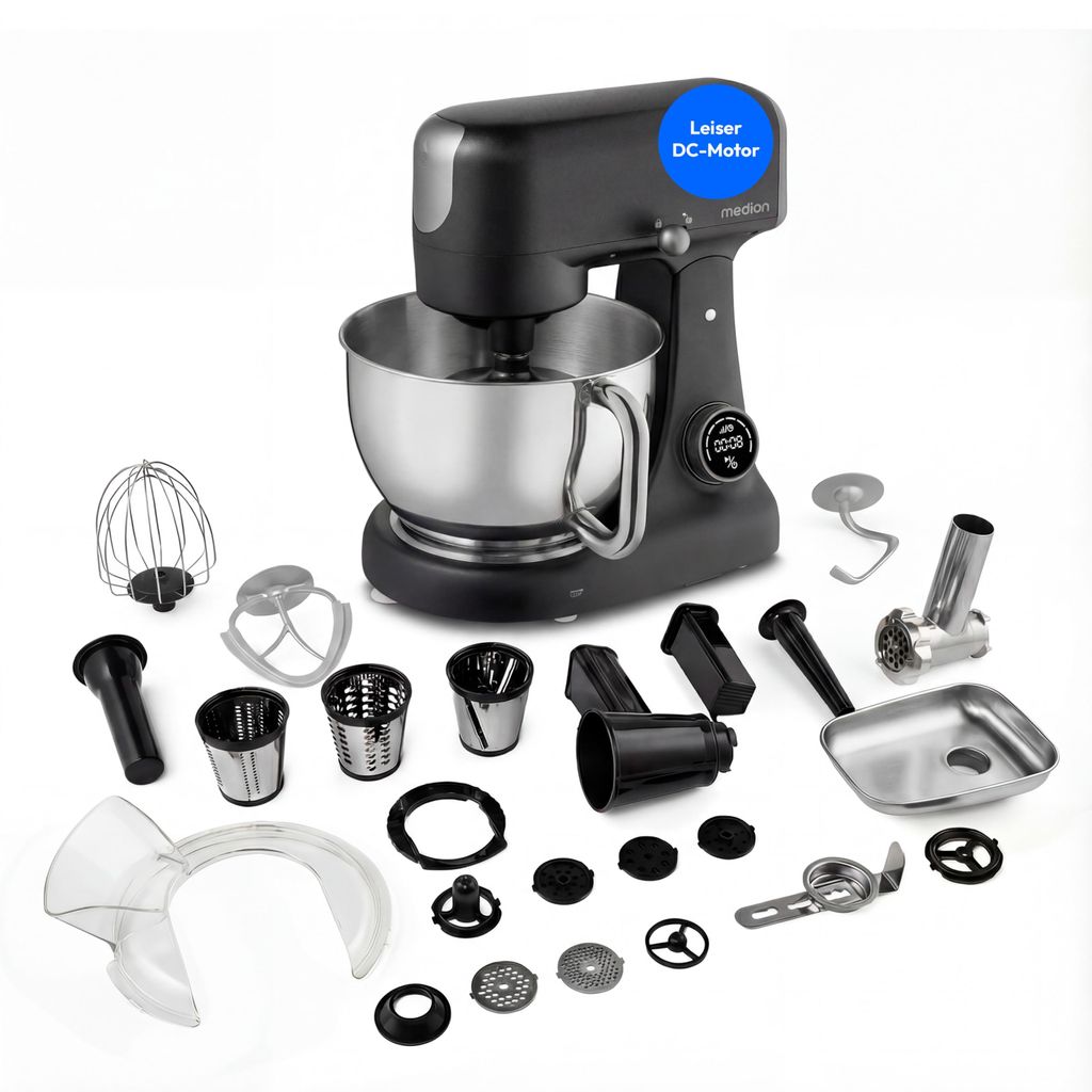 MEDION Küchenmaschine (Fleischwolf, 4,6 L Edelstahlschüssel, leiser Gleichstrommotor, 800 Watt, Reiben Raspeln Schneiden, Digitales Sensor Touch ...