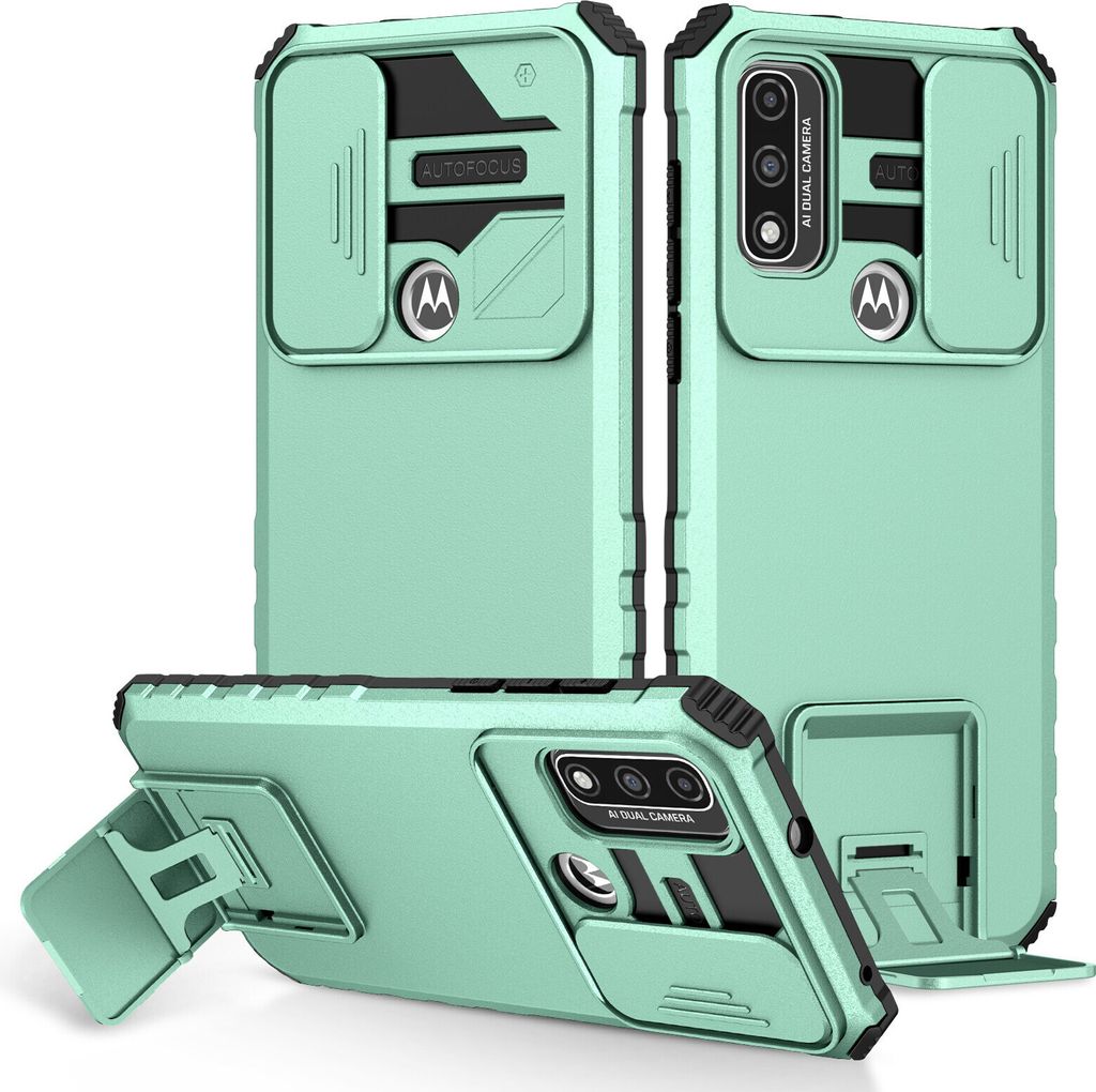 Motorola G Pure Hülle, Dual Layer Ständer Schutzhülle mit Schiebe Kamera Schutz für Motorola G Pure Türkis