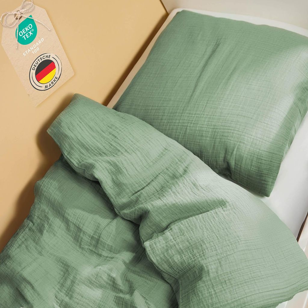 Laleni Kinderbettwäsche 200x135 cm & 80x80 cm aus Baumwolle, Musselin in Grün