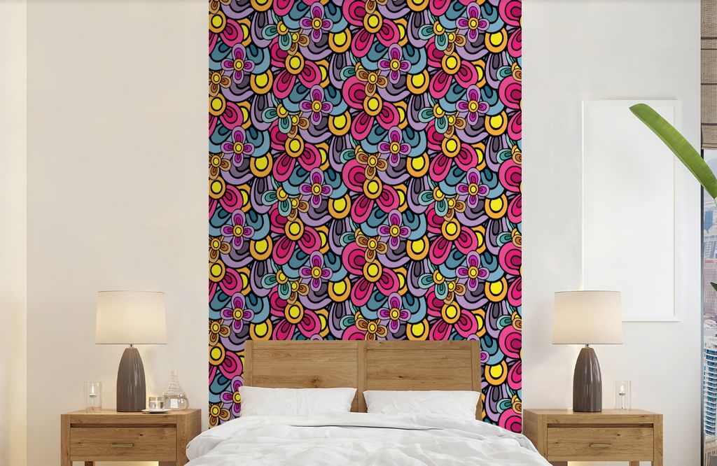 MuchoWow Fototapete für Wohnzimmer oder Schlafzimmer Wandtapete Vinyl Motivtapete Diagramm - Hippie - Blumen - Lila - 150x240 cm - Tapeten