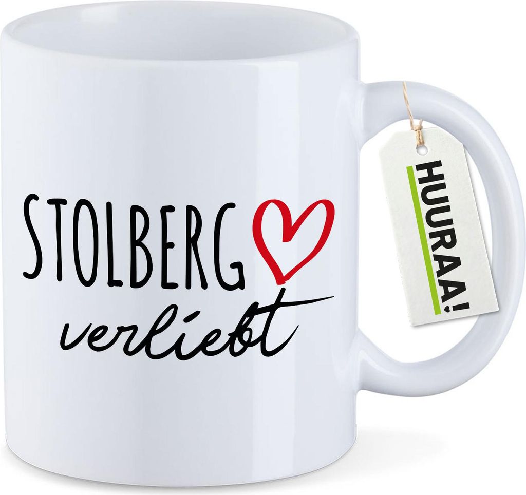 Huuraa Kaffeetasse Stolberg (Rheinland) verliebt 330ml Weiß Keramik Kaffeebecher Geschenkidee