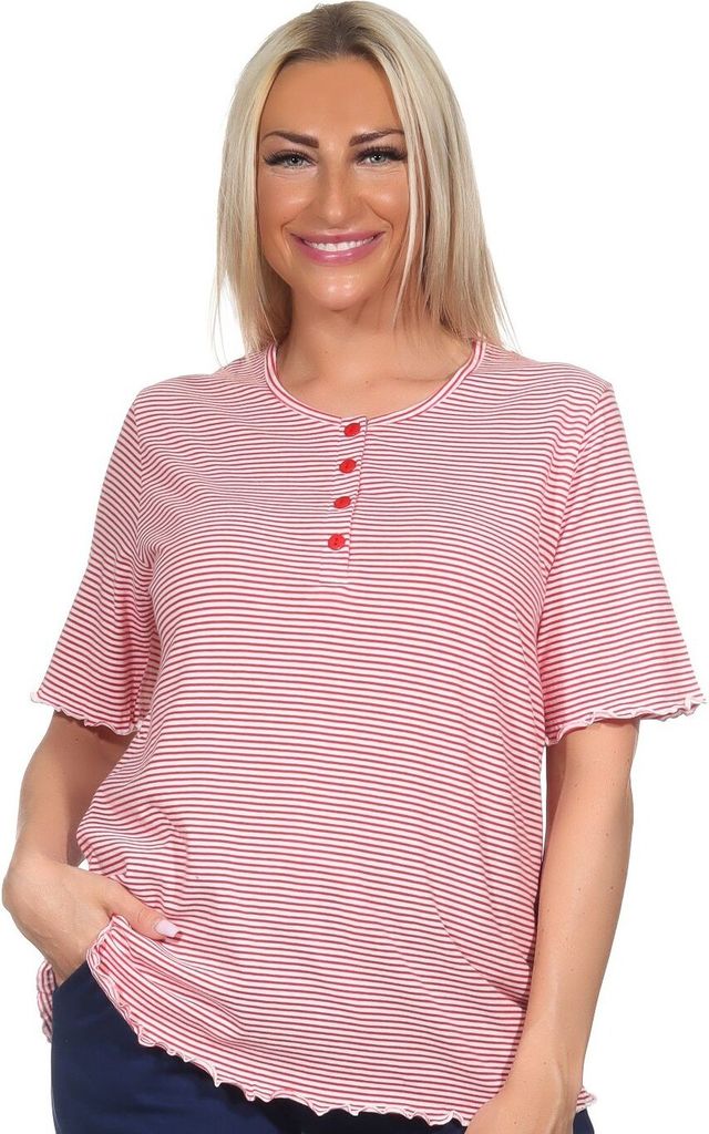 Damen kurzarm Schlafanzug Oberteil Pyjama Shirt Mix & Match – ideal zu kombinieren ; streifen_pink , 40
