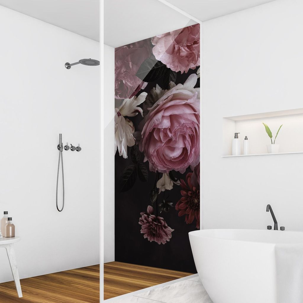 Duschrückwand mit Motiv selbstklebend - 0.61 mm Wandpaneel wasserfest Rose rosa Motiv Badrückwand fugenlos Premium matt 100x200 cm