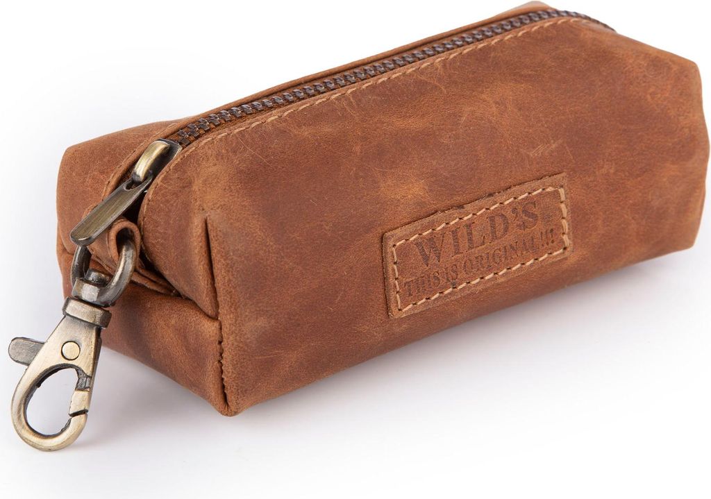 WILD Schlüsseletui Echtleder Reißverschluss Karabiner Vintage Hellbraun