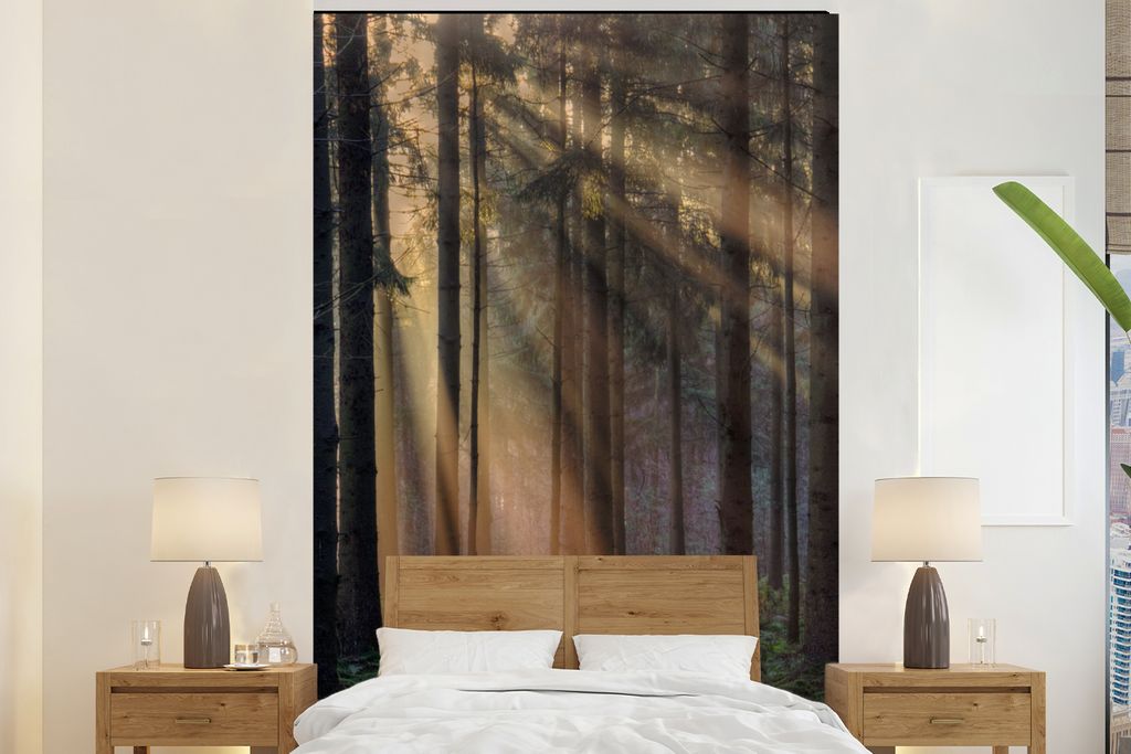 MuchoWow Fototapete für Wohnzimmer oder Schlafzimmer Wandtapete Vinyl Motivtapete Bäume - Wald - Sonne - Pflanzen - 225x350 cm - Schlafzimmer t...