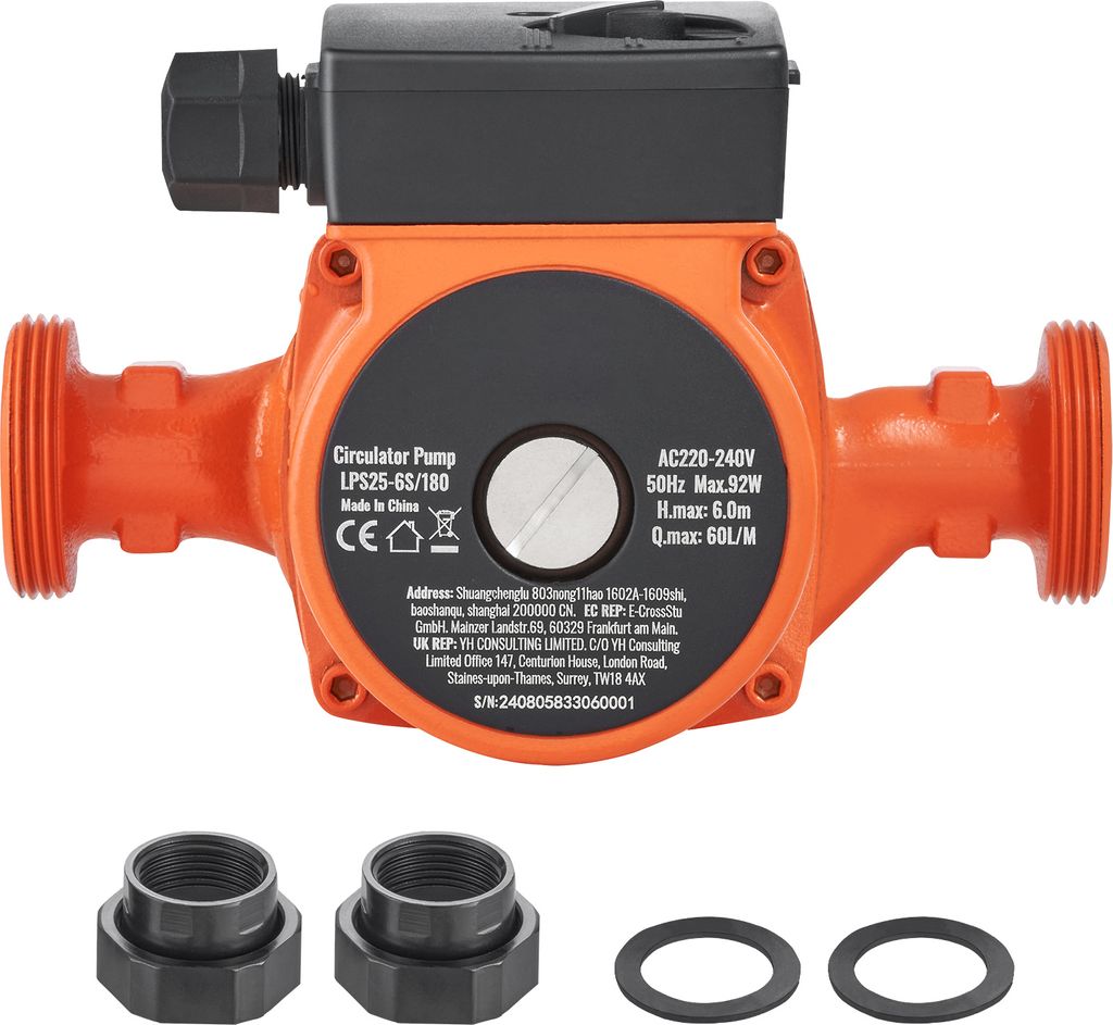 A circulator pump with various specifications and address details printed on it. Two threaded connectors and two circular gaskets are placed below the pump.
