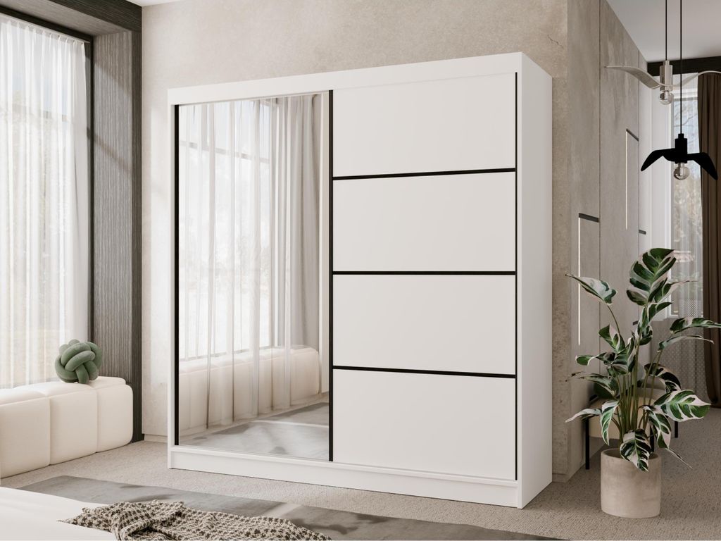 200 cm Schwebetürenschrank mit Spiegel und Sprossen Mabel, weißer Kleiderschrank mit Spiegel, Kleiderschrank mit dekorativen Fronten fürs Schlaf...