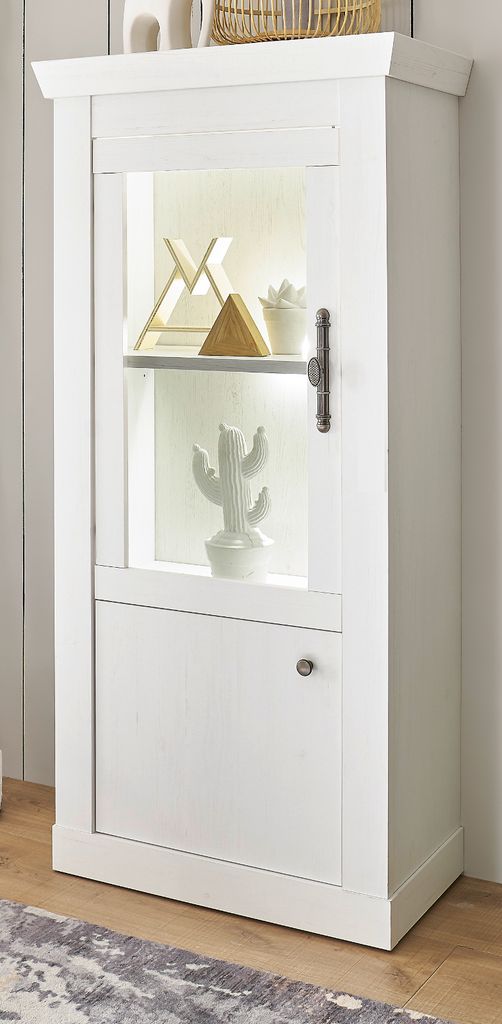 Vitrine "Fiastra" weiß Pinie Landhaus Vitrinenschrank 70 x 146 cm, Soft-Close und LED
