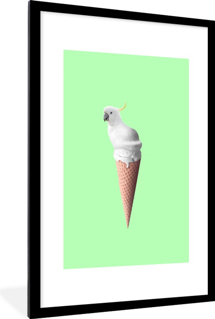 MuchoWow Gerahmtes Poster Papagei - Eistüten - Eiscreme - Weiß - Grün 60x90 cm - Poster mit Schwarzem Bilderrahmen Wandposter Rahmen Foto Bild...