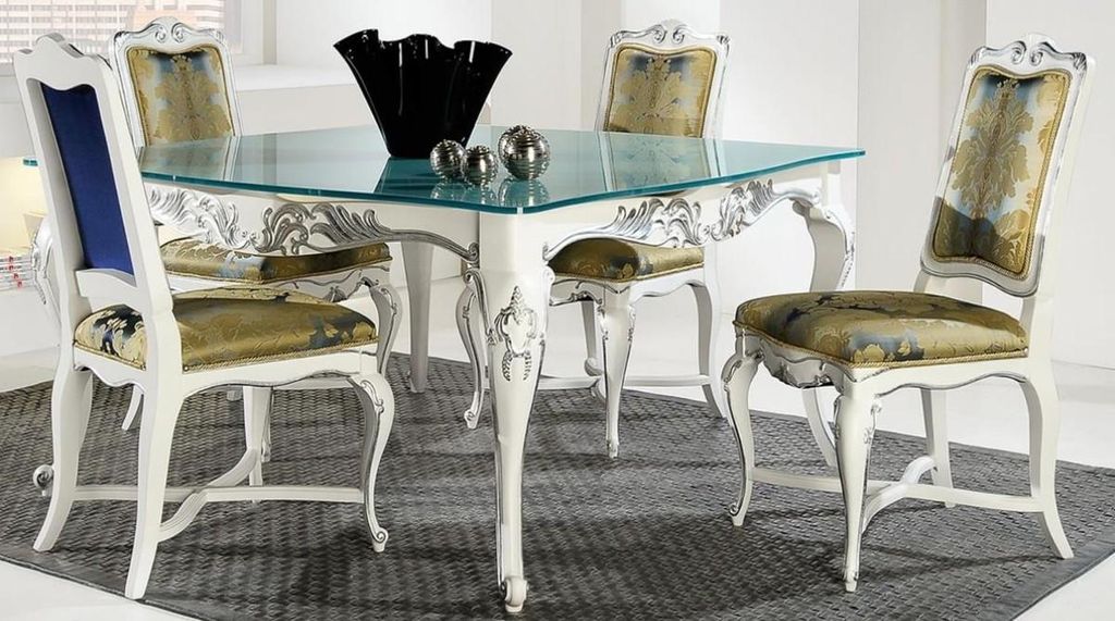 Casa Padrino Luxus Barock Esstisch mit Glasplatte Weiß / Silber - Verschiedene Größen - Edler Esszimmertisch im Barockstil - Barock Esszimmer M...