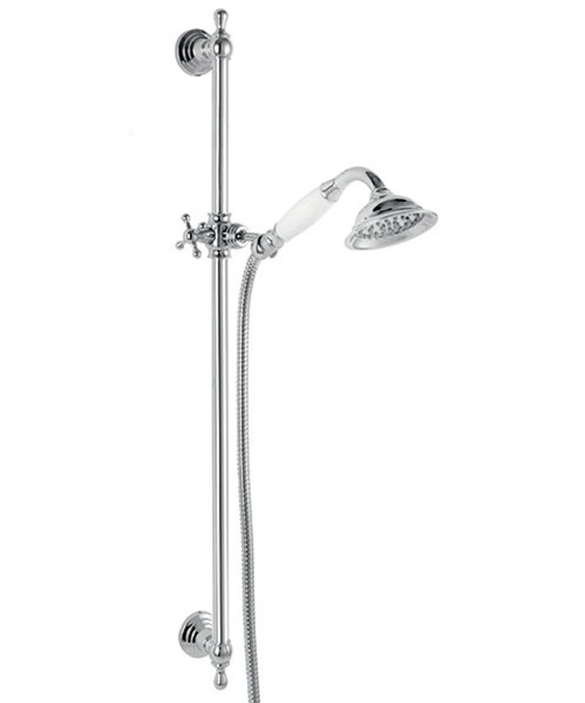 A chrome shower set with a hand shower and hose mounted on a vertical bar.