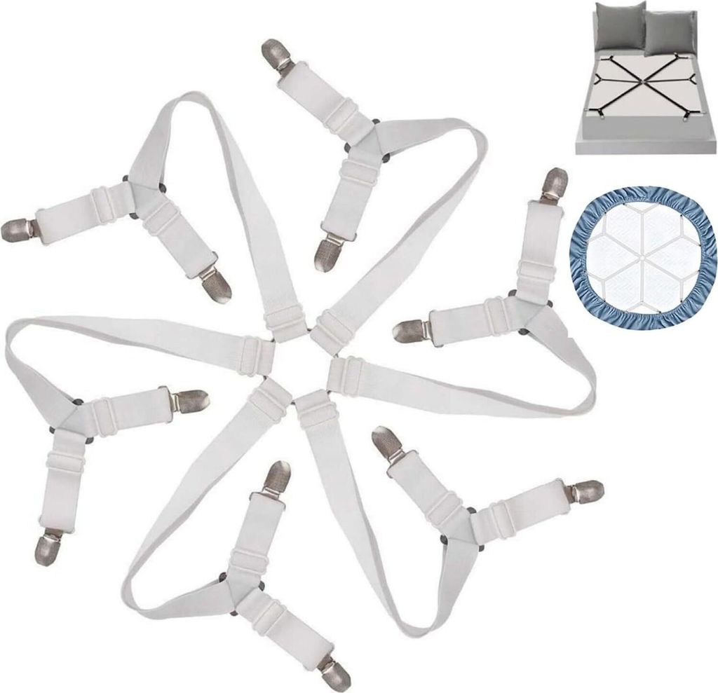 Bettlakenspanner Verstellbar, Bettlaken Spanner mit 6 Seiten und 12 starken Metallklammern, für runde und eckige Matratzen aller Größen geeignet...