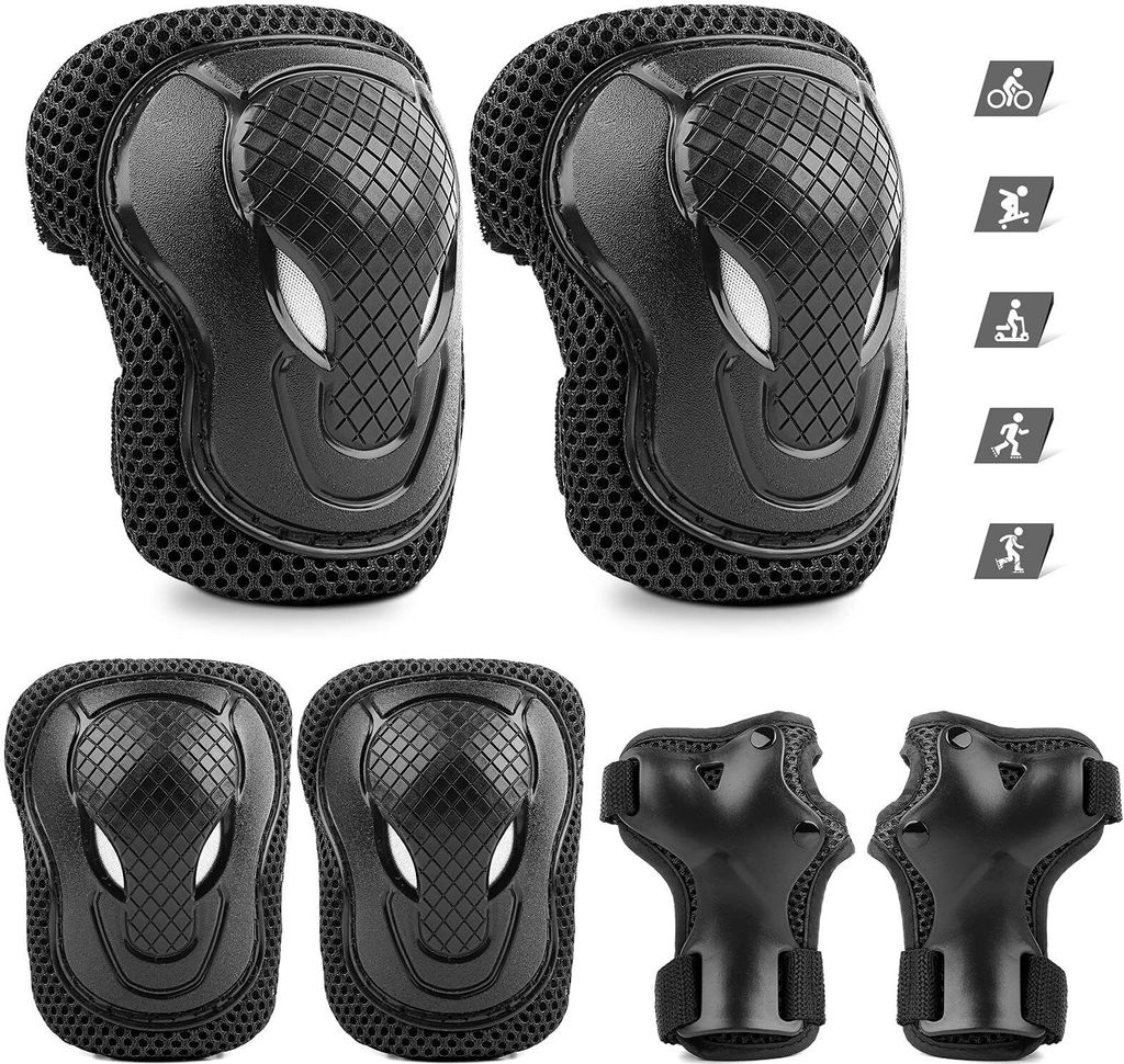 6X Kinder Protektoren Ellenbogen Handgelenke Knieschützer Schoner Inlineskater-Schwarz/S
