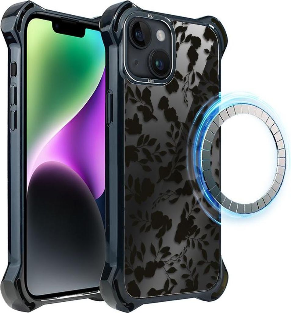 Schutzhülle für das iPhone 14 Plus, MagSafe-kompatibel, verstärkte Ecken, schwarz, kleine Blätter, Spitzenmuster
