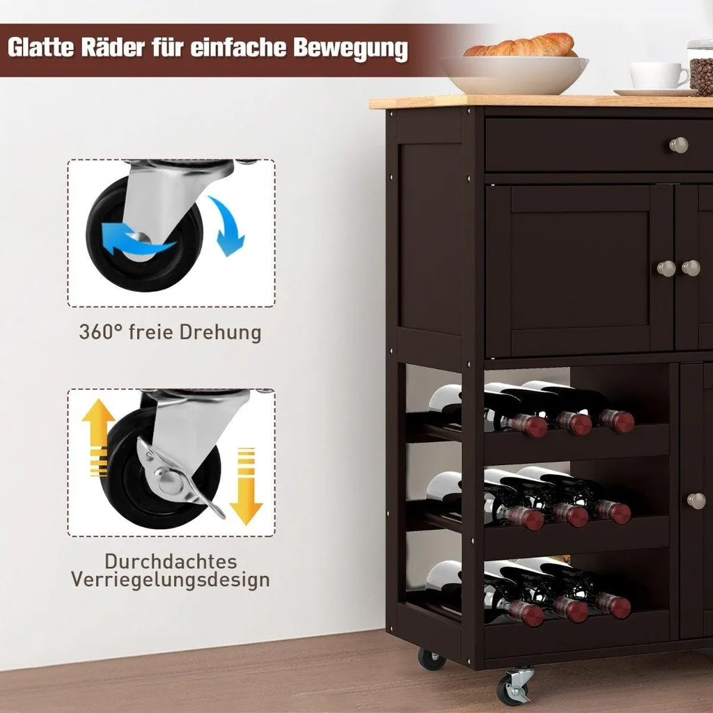 Desserte de cuisine mobile en bois avec rangement bouteilles et tiroir