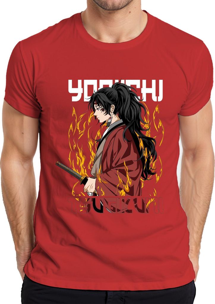 Samurai Katana Anime Flammen Kriegerin Pferdeschwanz Geschenk Herren T-Shirt, Rot, M