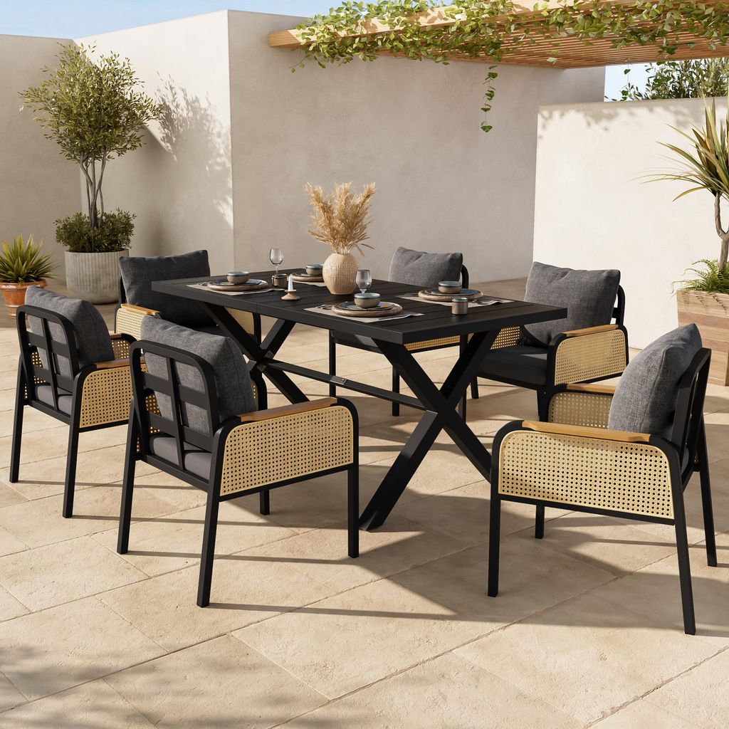Flieks Rattan Gartenlounge-Set 7-teilig, Tisch mit 6 Stühlen, Gartenmöbel-Set mit Esstisch 6 Sitzer, Gartengarnitur Sitzgruppe mit Kissen, Schwarz