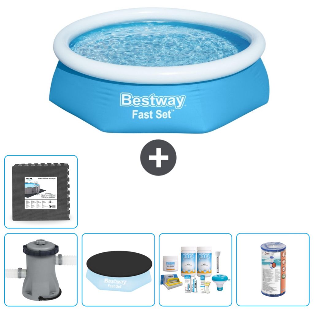 Bestway runder aufblasbarer Fast-Set-Schwimmpool – 244 x 61 cm – Blau – inklusive Pumpe Abdeckung - Wartungspaket - Filter - Bodenfliesen