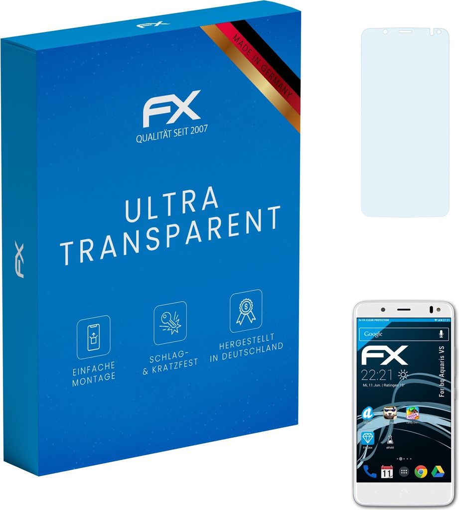 atFoliX FX-Clear 3x Schutzfolie kompatibel mit bq Aquaris VS Displayschutzfolie
