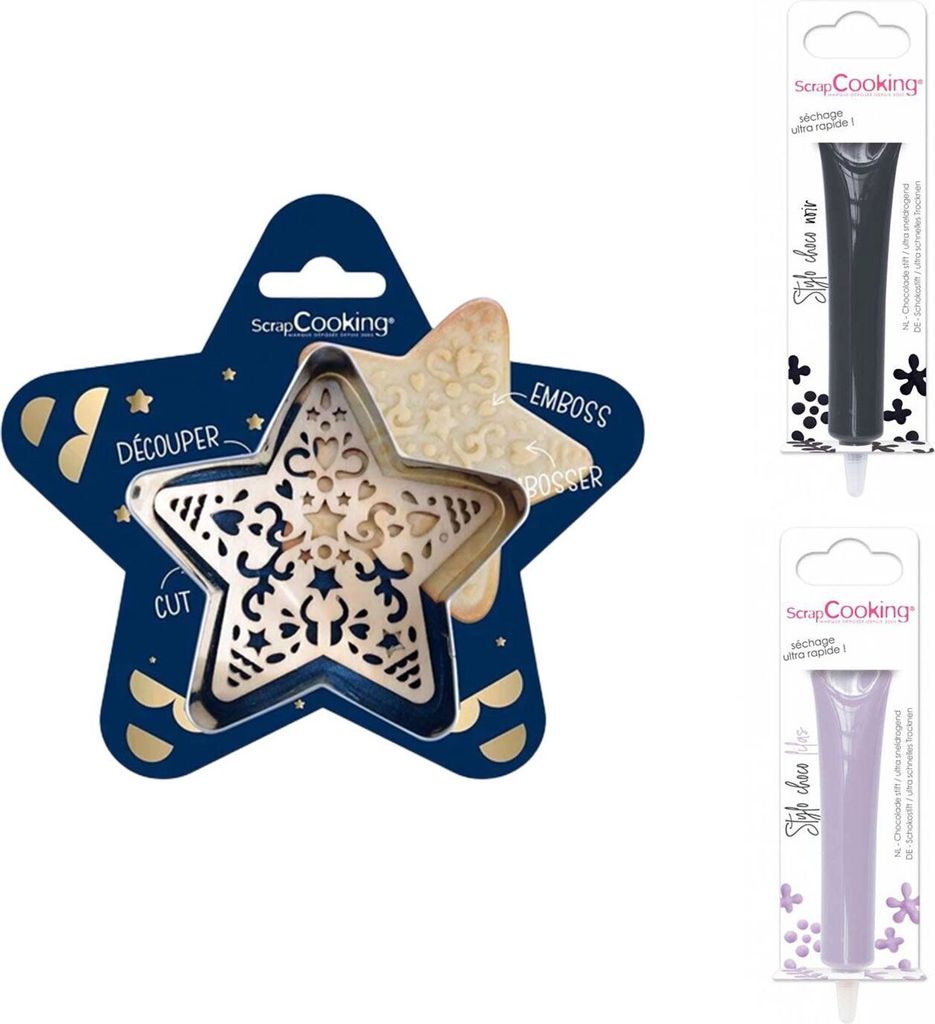 Stern-Relief-Plätzchen-Set + 2 Stifte aus dunkler Schokolade und Flieder