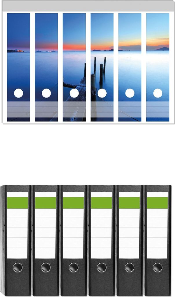 Wallario 6 Stück breite Ordner inkl. Klebeetiketten mit Motive Steg im Wasser - Abendstimmung am Meer - Set mit Rückenschildern / Ordnerrücken ...