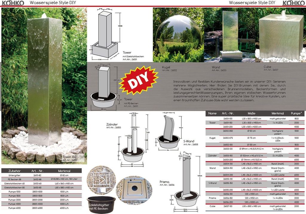 Fontaine Cylindrique En Acier Inoxydable Köhko 26003 XL – Hauteur 230 Cm, 3 Colonnes LED, Pompe 2000 L/h